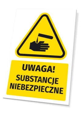 Tabliczka ostrzegawcza BHP z piktogramem Uwaga! Substancje niebezpieczne - Wzór graficzny. Trójkątna forma z czarnym