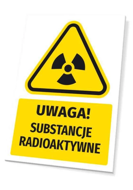 Tabliczka ostrzegawcza BHP z piktogramem Uwaga! Substancje radioaktywne - Wzór graficzny. Kształt trójkąta z symbolem