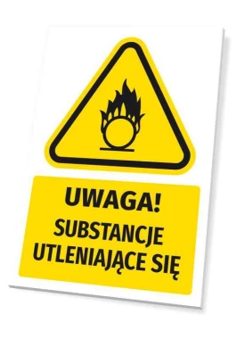 Tabliczka ostrzegawcza BHP z piktogramem Uwaga! Substancje utleniające się - Wzór graficzny. Posiada trójkątny kształt