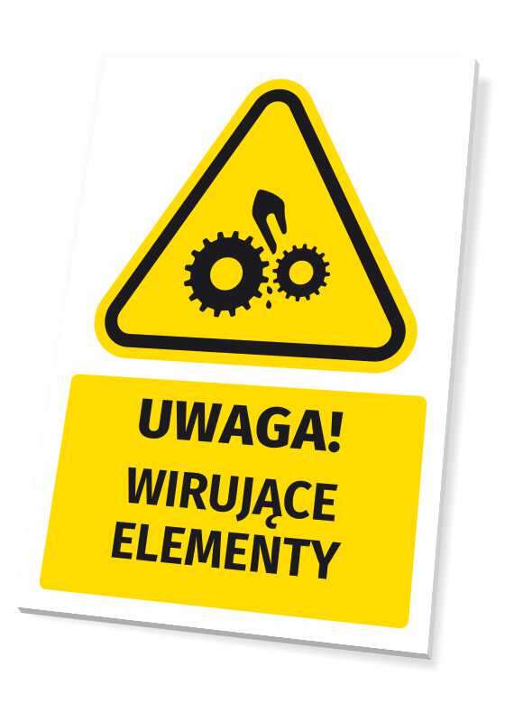 Tabliczka ostrzegawcza BHP z piktogramem Uwaga! Wirujące elementy