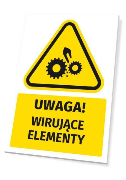 Żółto-czarna tabliczka ostrzegawcza BHP z piktogramem i napisem UWAGA! WIRUJĄCE ELEMENTY na białym tle