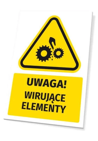 Tabliczka ostrzegawcza BHP z piktogramem Uwaga! Wirujące elementy - Wzór graficzny. Żółty trójkąt z czarnymi zębatkami