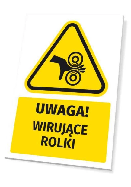 Żółto-czarna tabliczka ostrzegawcza BHP z piktogramem i napisem Uwaga! Wirujące rolki, pokazana jako gotowy produkt