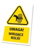 Tabliczka ostrzegawcza BHP z piktogramem Uwaga! Wirujące rolki - Wzór graficzny. Trójkątna forma z czarnym piktogramem ręki