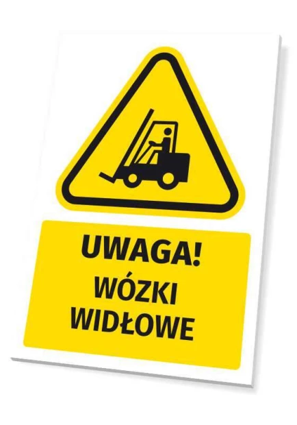 Żółto-czarna tabliczka ostrzegawcza BHP z piktogramem wózka widłowego i napisem UWAGA! WÓZKI WIDŁOWE