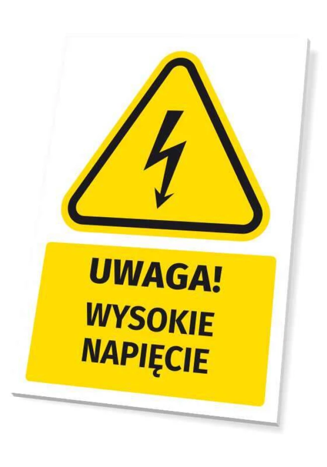 Tabliczka ostrzegawcza BHP z piktogramem Uwaga! Wysokie napięcie - Wzór graficzny. Trójkąt z czarnym symbolem błyskawicy