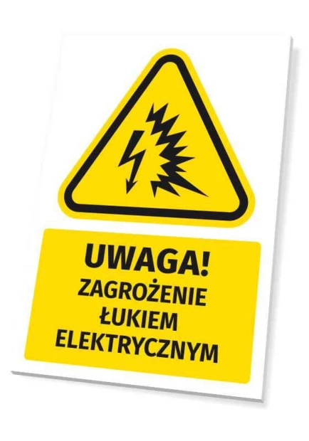 Żółto-czarna tabliczka ostrzegawcza BHP z napisem Uwaga! Zagrożenie łukiem elektrycznym i piktogramem błyskawicy