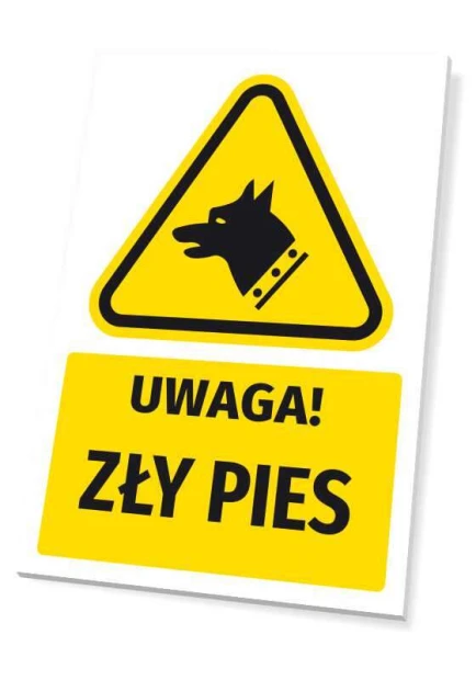 Żółto-czarna tabliczka ostrzegawcza z piktogramem psa i napisem UWAGA! ZŁY PIES, pokazująca grubość płyty