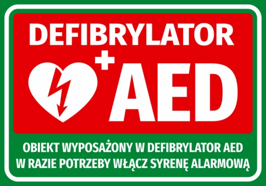 Zielono-czerwona naklejka BHP z piktogramem serca z błyskawicą i informacją o defibrylatorze AED oraz syrenie