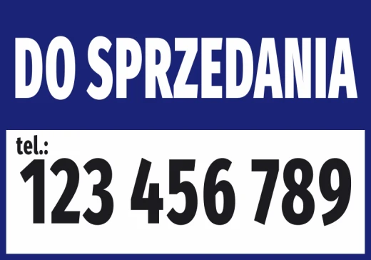 Niebieska naklejka informacyjna Do sprzedania z białym polem i miejscem na numer telefonu kontaktowego