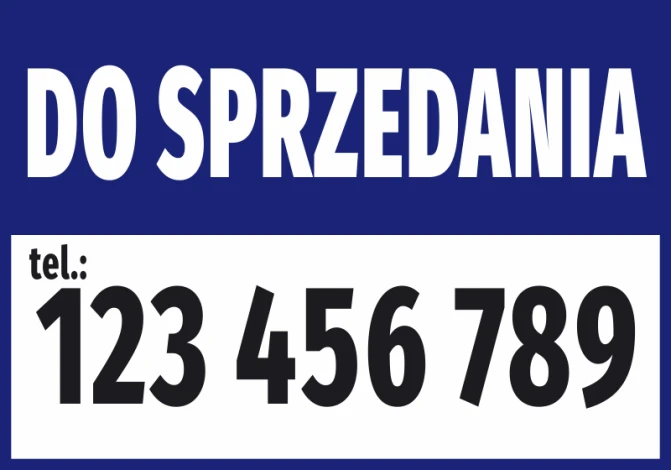 Naklejka Do sprzedania, z numerem telefonu - Wzór graficzny. Duży napis na ciemnym tle, numer telefonu w wyraźnym formacie