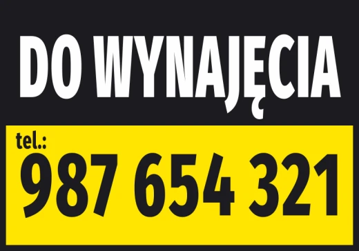 Czarno-żółta naklejka informacyjna z napisem DO WYNAJĘCIA oraz z miejscem na numer telefonu kontaktowego