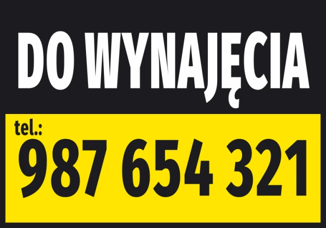 Naklejka Do wynajęcia, z numerem telefonu - Wzór graficzny. Duży tekst na ciemnym tle, żółty prostokąt z numerem telefonu