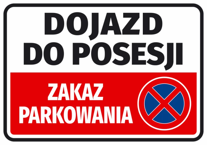 Naklejka Zakaz parkowania - Dojazd do posesji - Wzór graficzny. Prostokąt z białym tłem, czerwonym paskiem i niebieskim
