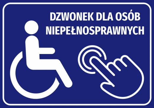 Niebieska naklejka informacyjna z piktogramem wózka, dłoni wciskającej przycisk i napisem dzwonek dla niepełnosprawnych