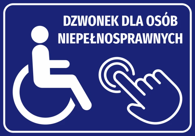 Naklejka Dzwonek dla osób niepełnosprawnych - Wzór graficzny. Na niebieskim tle znajduje się symbol wózka inwalidzkiego