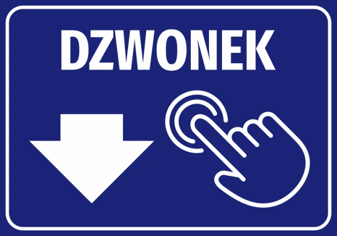 Naklejka informacyjna Dzwonek - Wzór graficzny. Niebieskie tło, biały napis DZWONEK, strzałka w dół i rysunek ręki