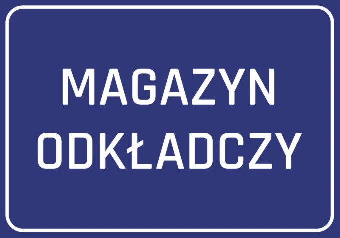 Naklejka Magazyn odkładczy - Wzór graficzny. Niebieskie tło z białym napisem MAGAZYN ODKŁADCZY