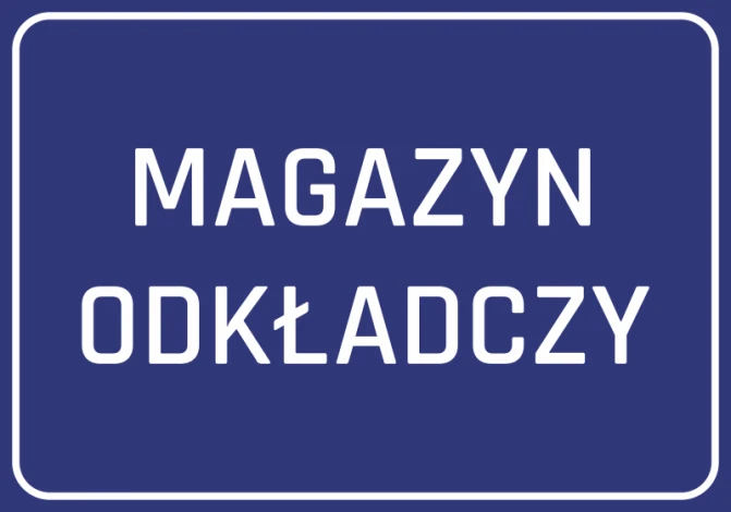 Naklejka Magazyn odkładczy - Wzór graficzny. Niebieskie tło z białym napisem MAGAZYN ODKŁADCZY