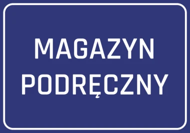 Naklejka Magazyn podręczny - Wzór graficzny. Niebieskie tło z białym tekstem, wyraźne litery