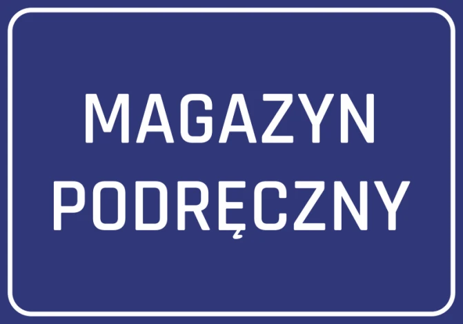Naklejka Magazyn podręczny - Wzór graficzny. Niebieskie tło z białym tekstem, wyraźne litery