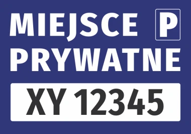 Naklejka Miejsce prywatne z polem na numer rejestracyjny pojazdu - Wzór graficzny. Niebieskie tło z białym napisem i polem