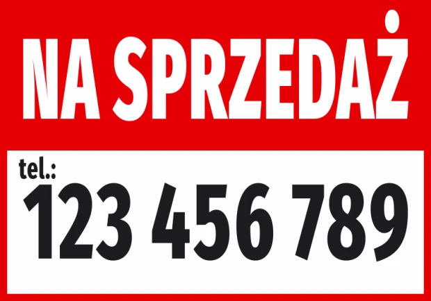 Naklejka Na sprzedaż, z numerem telefonu - Wzór graficzny. Czerwone tło z białym napisem i czarnym numerem telefonu