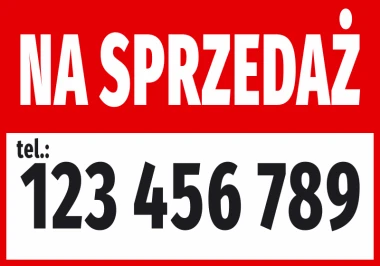 Naklejka Na sprzedaż, z numerem telefonu - Wzór graficzny. Czerwone tło z białym napisem i czarnym numerem telefonu