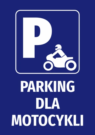 Naklejka Parking dla motocykli - Wzór graficzny. Niebieskie tło z białą literą P oraz sylwetką motocyklisty