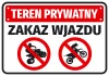 Naklejka Teren prywatny Zakaz wjazdu - Wzór graficzny. Czerwone tło z białym napisem i symbolami motocykli w okręgach