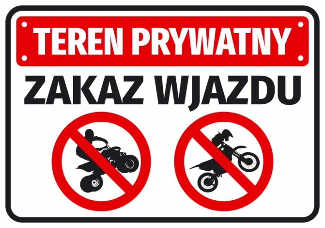Naklejka Teren prywatny Zakaz wjazdu - Wzór graficzny. Czerwone tło z białym napisem i symbolami motocykli w okręgach