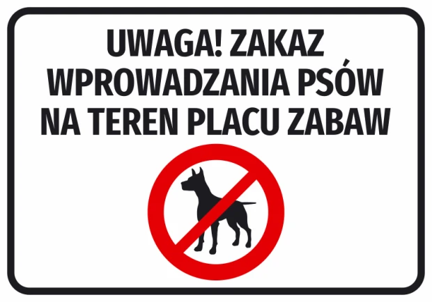 Prostokątna naklejka ostrzegawcza z czerwonym znakiem zakazu wprowadzania psów i czarnym napisem na białym tle