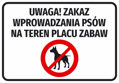 Naklejka Uwaga! Zakaz wprowadzania psów na teren placu zabaw - Wzór graficzny. Czerwony okrąg z przekreślonym psem na białym
