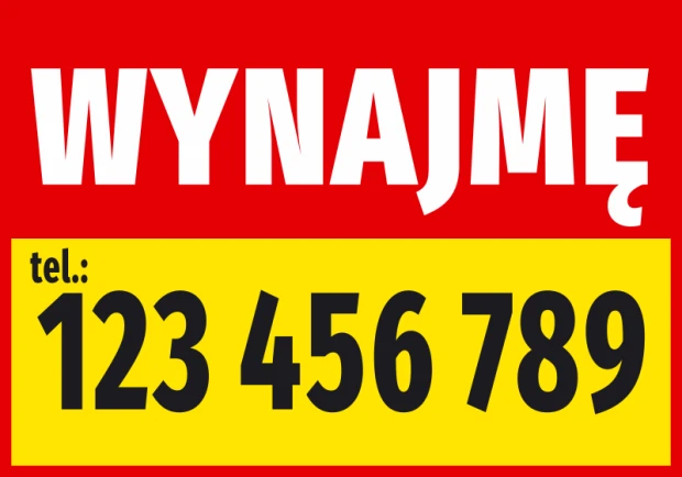 Czerwono-żółta naklejka informacyjna z napisem Wynajmę oraz z miejscem na przykładowy numer telefonu