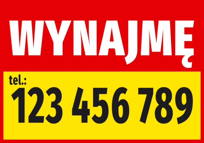 Naklejka Wynajmę, z numerem telefonu - Wzór graficzny. Czerwone tło z białym napisem i żółtym polem z czarnymi cyframi