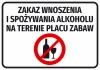 Naklejka Zakaz wnoszenia i spożywania alkoholu na terenie placu zabaw - Wzór graficzny. Czerwony okrąg z przekreśloną