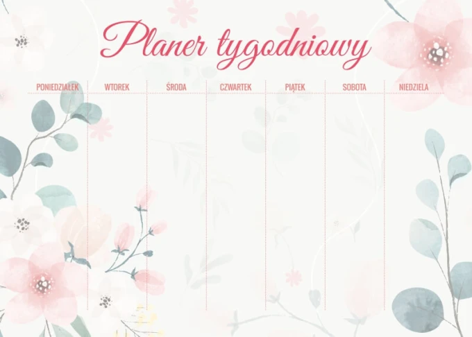 Tablica magnetyczna suchościeralna Planer 592 - Wzór graficzny. Na tle białym kwiaty w odcieniach różu i zieleni