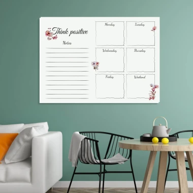 Tablica suchościeralna Weekly planner kwiaty 588 - Aranżacja w salonie. Ściany w kolorze zielonym, meble w odcieniach czerni
