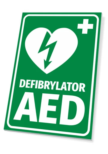 Tabliczka Defibrylator AED - Wzór graficzny. Zielona tabliczka z białym sercem i piorunem, napis AED