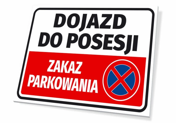 Tabliczka Zakaz parkowania - Dojazd do posesji - Wzór graficzny. Na białym tle czerwony prostokąt z napisem Zakaz parkowania