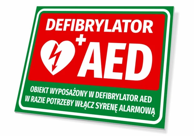 Tabliczka informacyjna Defibrylator AED - Wzór graficzny. Czerwone tło z białym napisem i symbolem serca z błyskawicą
