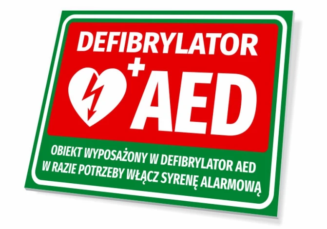 Tabliczka informacyjna Defibrylator AED - Wzór graficzny. Czerwone tło z białym napisem i symbolem serca z błyskawicą
