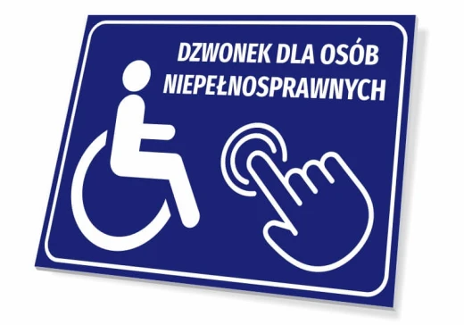 Niebieska tabliczka z napisem Dzwonek dla osób niepełnosprawnych oraz piktogramem wózka i dłoni na białym tle