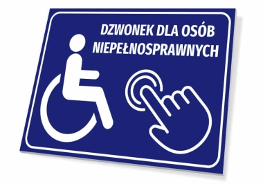 Tabliczka informacyjna: Dzwonek dla osób z niepełnosprawnością - Wzór graficzny. Niebieskie tło, biała ikona wózka