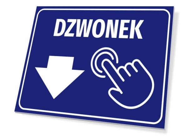 Niebieska tabliczka informacyjna z białym napisem DZWONEK, piktogramem dłoni i strzałką skierowaną w dół