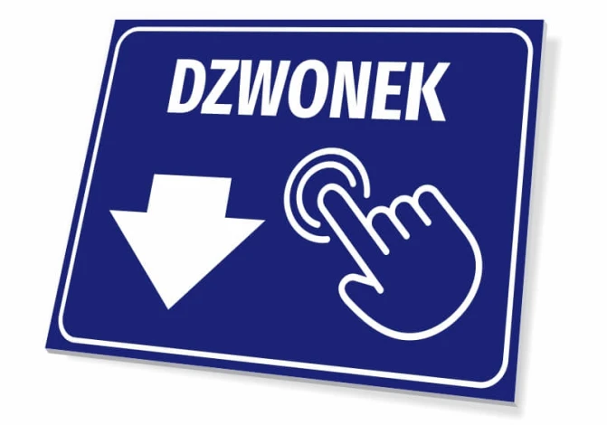 Tabliczka informacyjna na budynek: Dzwonek - Wzór graficzny. Niebieskie tło z białym napisem i ikoną dłoni