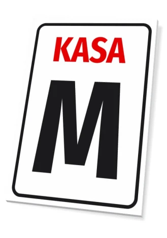 Tabliczka informacyjna oznaczenie kas sklepowych - Wzór graficzny. Prosta forma, duże litery, kolor czerwony i czarny