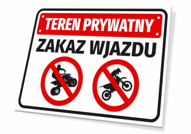 Tabliczka informacyjna Teren prywatny Zakaz wjazdu - Wzór graficzny. Grafika przedstawia dwa symbole przekreślonych pojazdów