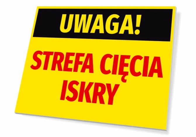 Tabliczka ostrzegawcza Uwaga Strefa cięcia iskry - Wzór graficzny. Żółte tło z czarnym napisem u góry i czerwonym tekstem