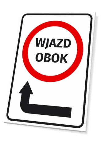 Tabliczka Wjazd obok strzałka w lewo - Wzór graficzny. Czerwony okrąg z napisem WJAZD OBOK i czarna strzałka w lewo